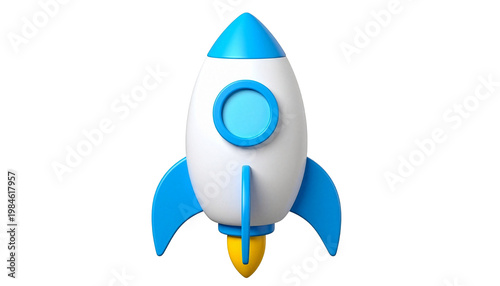 A stylized white and blue cartoon rocket ship with yellow accents stands isolated on a plain white background, ready for launch.