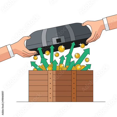 Treasure Chest Opening with Gold Coins and Upward Arrows - Financial Growth Concept