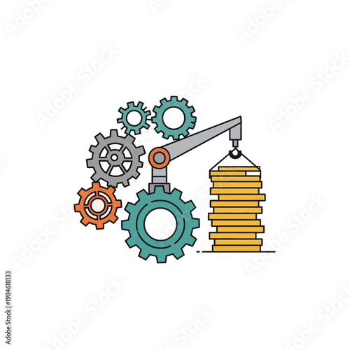 Automated Coin Stacking Machine with Gears - Financial Technology Concept