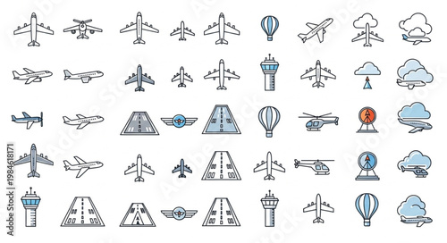 Collection of hand drawn airplane and aviation icons.