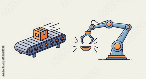 Automated factory conveyor belt with robotic arm assembly line.