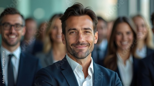 Confident Businessman Smiling in Front of Diverse Team of Professionals in Modern Office Setting