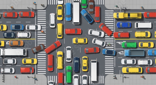 Busy City Intersection With Heavy Traffic Congestion From Above.