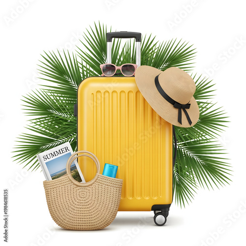 Yellow travel suitcase with beach hat and straw bag on white background still life suitcase vacation accessories sunglasses destination transportation collection lifestyle outdoors isolated