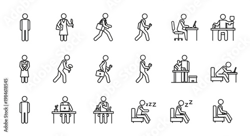 Collection of Simple Stick Figure Icons Representing Various Human Activities.