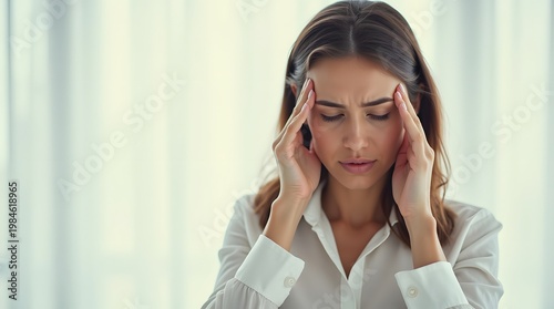 Woman Suffering From Headache in Office Environment with Serious Expression and Focused Stance