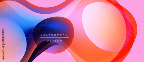 Abstract fluid shapes overlap, creating vibrant color gradients. Pink, blue, orange hues blend seamlessly. Modern design element.