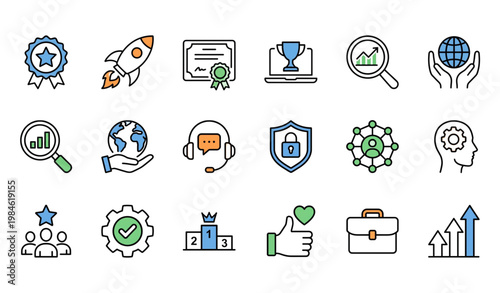 A collection of business and achievement icons in a flat design style