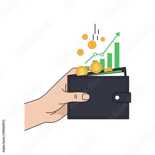 Hand holding wallet with rising graph and coins, financial growth concept