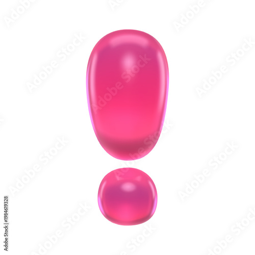 Glossy pink 3D gummy exclamation mark with marmalade jelly texture