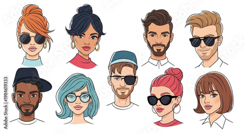 Diverse Group of People Wearing Sunglasses and Stylish Hair.