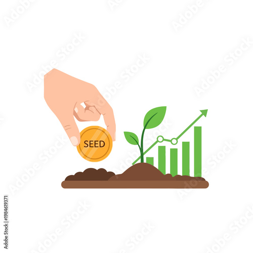 Hand placing seed coin on growing plant with financial graph, investment concept