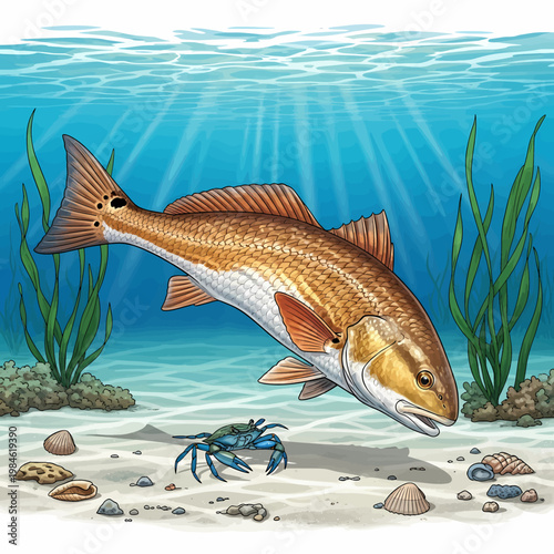 Redfish hunting blue crab in shallow water habitat vector illustration,