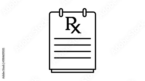 Minimalist black line vector icon of a medical prescription pad with Rx symbol and horizontal note lines, isolated on a white background for healthcare, pharmacy, and doctor office design.
