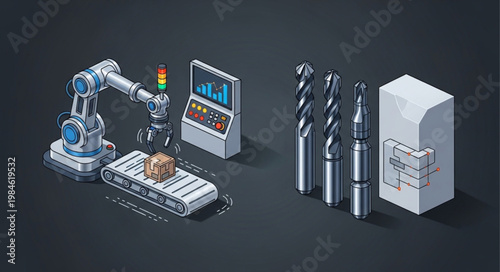 Automated industrial robot arm and precision cutting tools.