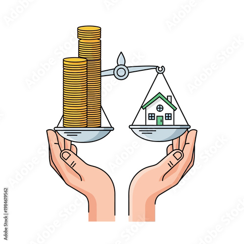 Hands balancing scales with coins and house - real estate investment concept