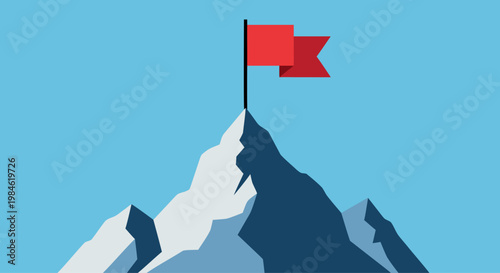 Mountain peak topped with flag under blue sky flat design