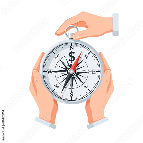 Hands holding a compass with dollar sign, symbolizing financial navigation and investment direction