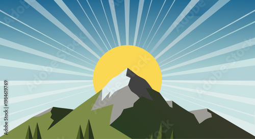 Sun rising behind mountain with radiating sky rays and trees