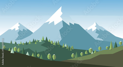 Mountain range with snow capped peaks and layered forest hills