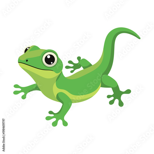 Green frog crawling with limbs spread on white studio background