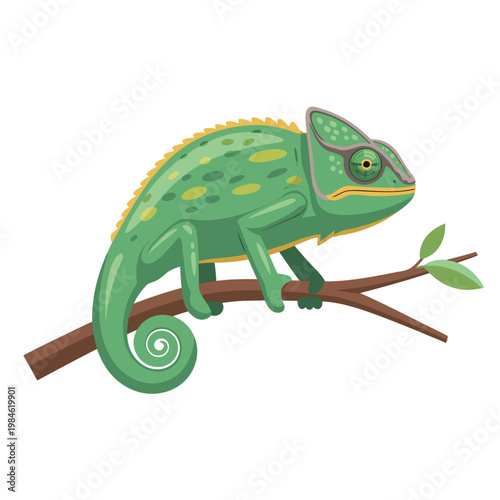 Chameleon perched on branch showing curled tail and leaves