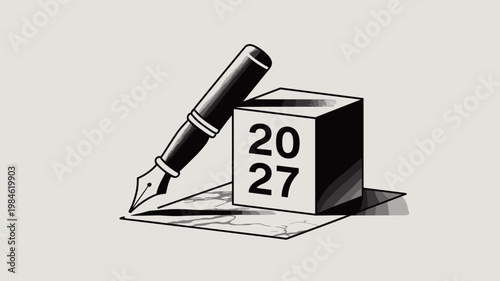 Minimalist pen and date cube illustration in line art - for executive goal-setting imagery