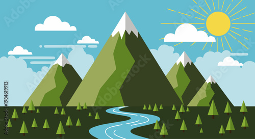 Green mountains with river winding through forest under sun