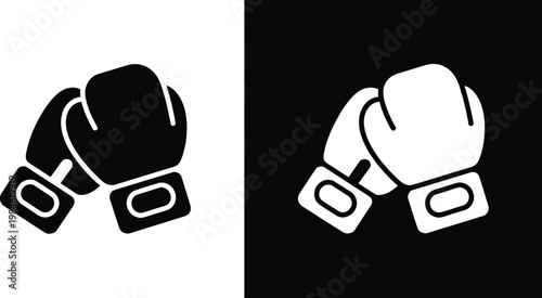 Vector Boxing Gloves Icon Two Tone Design on Black and White Background showing boxing sport fighting gear athletic strength and workout concept design