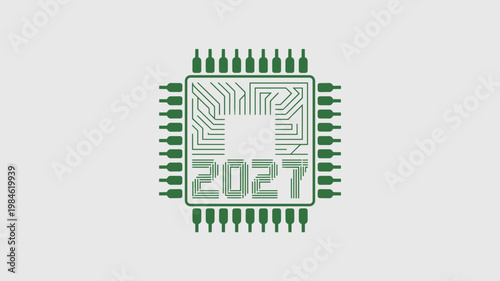 Vector AI microchip logo in green and black with 2027 - for sustainable computing visuals