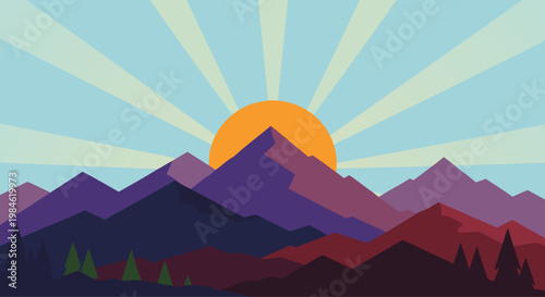 Layered mountain range silhouette with rising sun and rays