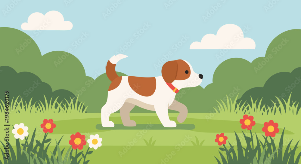 Fototapeta premium Beagle walking on grassy trail in park landscape