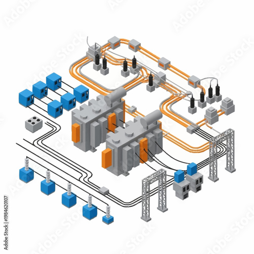 Electrical power distribution substation schematic diagram isometric view.