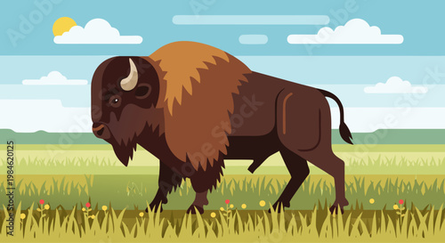 Bison walking across prairie field under cloudy sky and small flowers