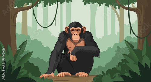 Chimpanzee sitting in dense tropical forest under canopy
