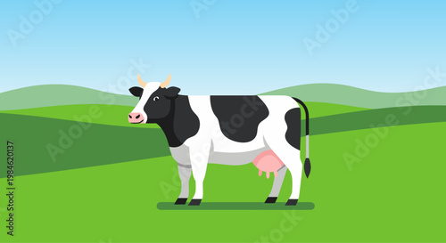 Cow standing on green pasture with rolling hills background