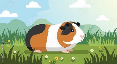 Guinea pig grazing on grassy meadow with flowers outdoors