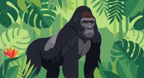 Western gorilla standing in dense tropical jungle environment