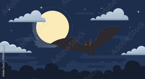 Bat flying across moonlit night sky with clouds