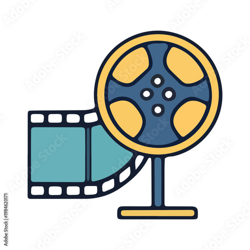 Flat line illustration of a classic movie film reel and strip