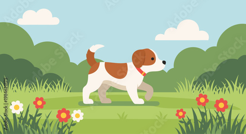 Beagle walking on grassy trail in park landscape