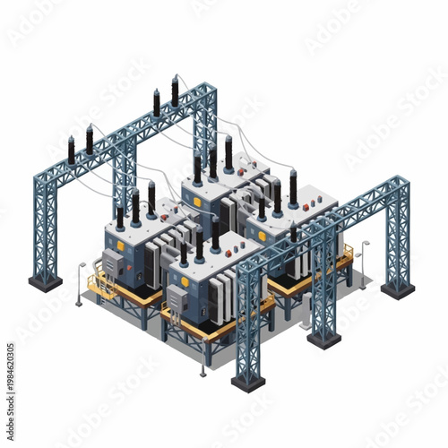 Electrical power substation with transformers and transmission towers.