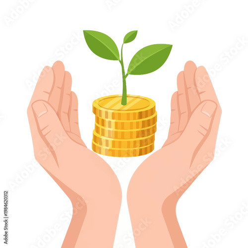 Hands Protecting Growing Money Plant Coin Stack, Investment Growth Concept