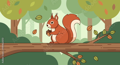 Squirrel holding acorn sitting on forest branch among autumn leaves
