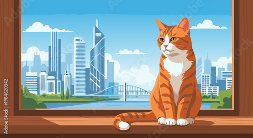 Orange tabby cat sitting on windowsill with city skyline view