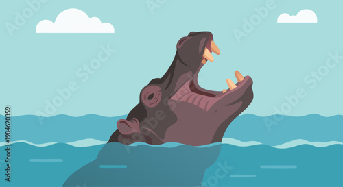 Hippopotamus yawning with open mouth in river water