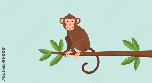 Young monkey sitting on branch in minimalist jungle setting