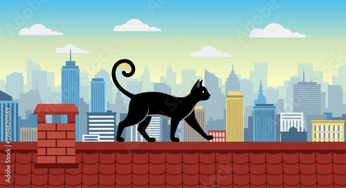 Black cat walking along rooftop against urban skyline backdrop