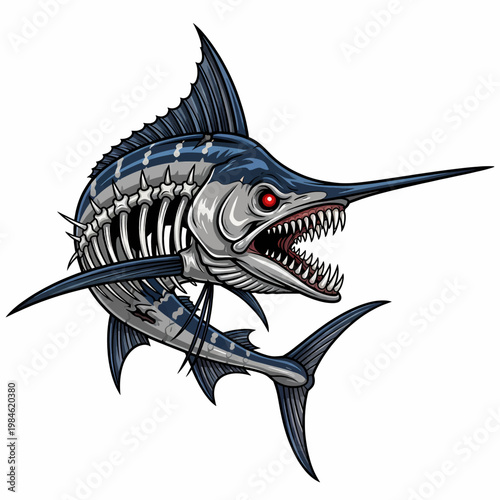 Skeleton marlin fish illustration with aggressive predator style for sports fishing and outdoor design