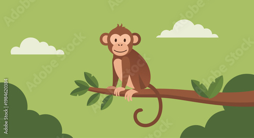 Monkey perched on branch in green forest canopy scene with clouds